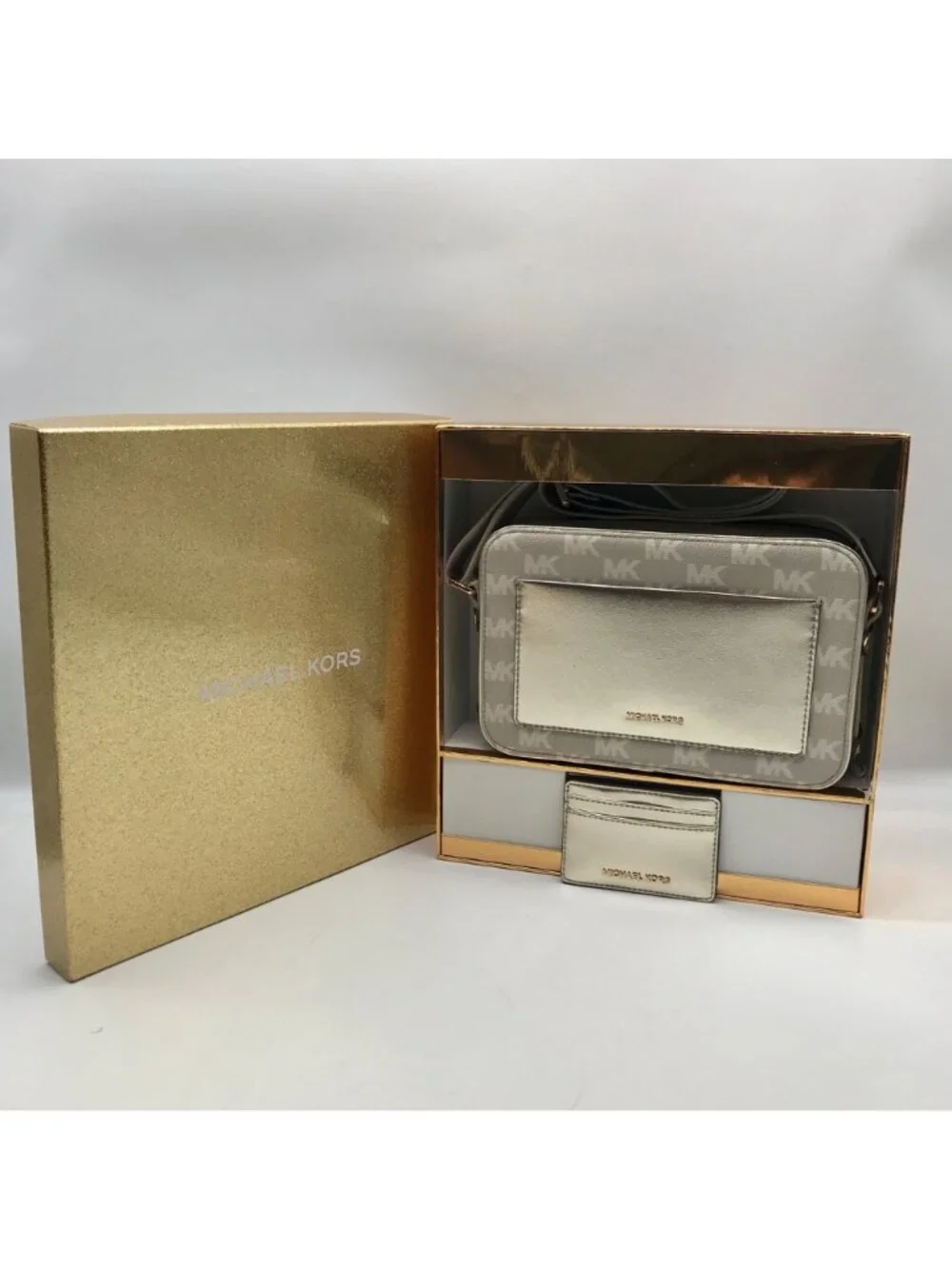 Michael Kors Metallic Gold Fabric Maeve Small East West Pocket bag